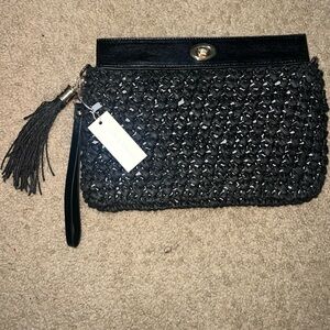 Louenhide Elegant Black Raffia Clutch with Tassel